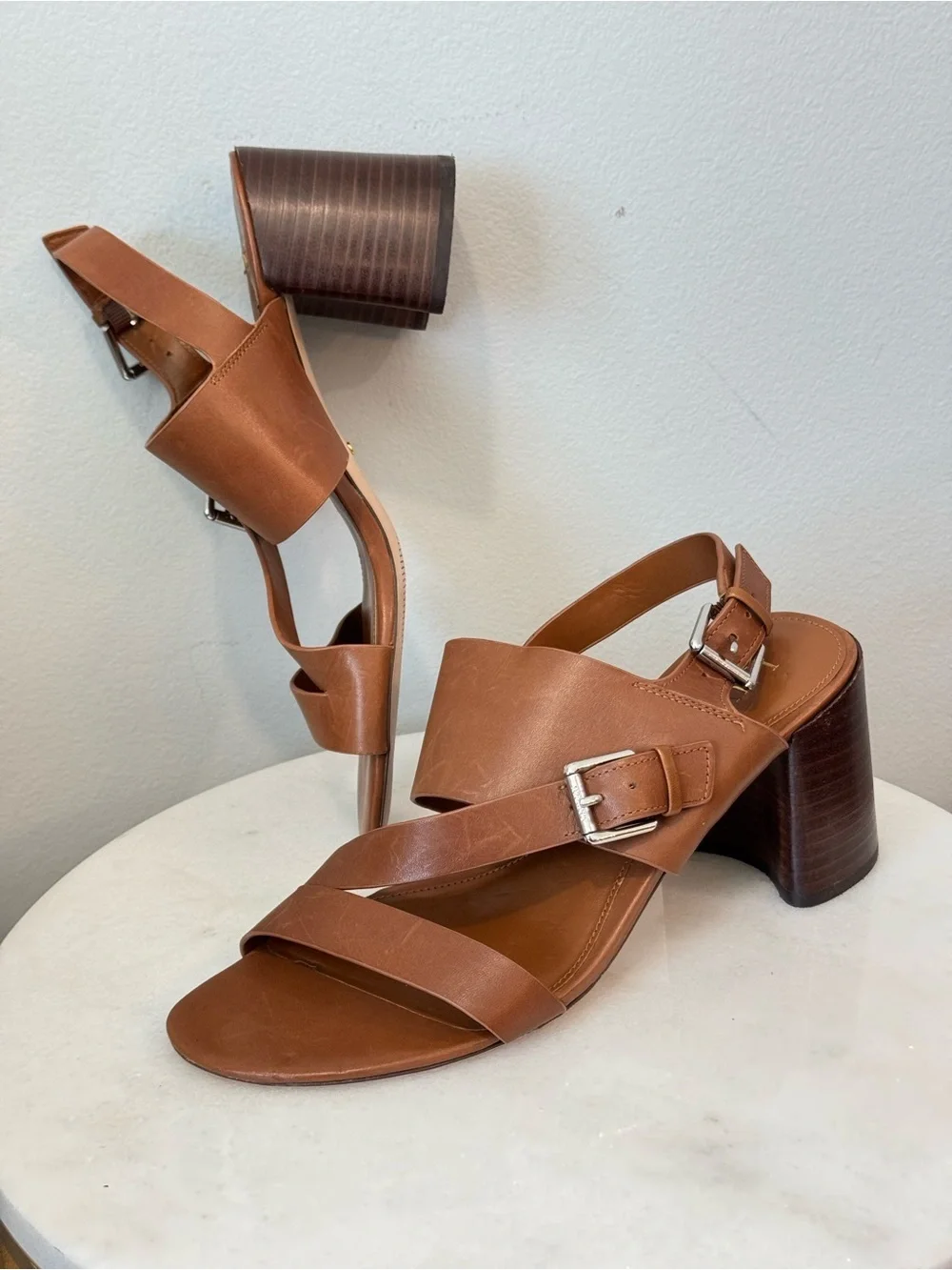 Ralph Lauren Tan Leather Block Heel Sandals